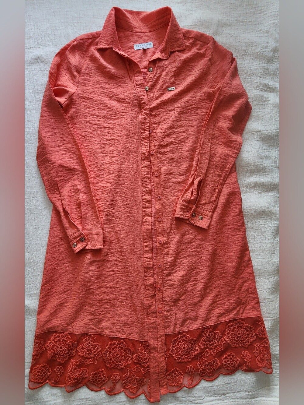 U.S. Polo Assn. Coral Pink Long Sleeve Button Down Shirt Dress with Crochet Lace